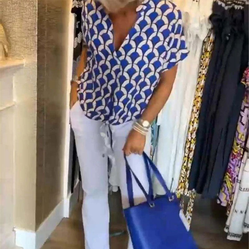 Top donna stampato con scollo a V e maniche corte