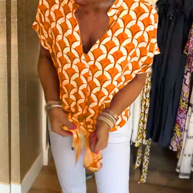 Top donna stampato con scollo a V e maniche corte