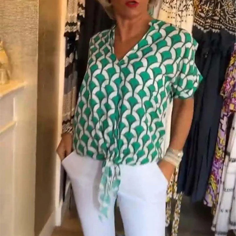 Top donna stampato con scollo a V e maniche corte