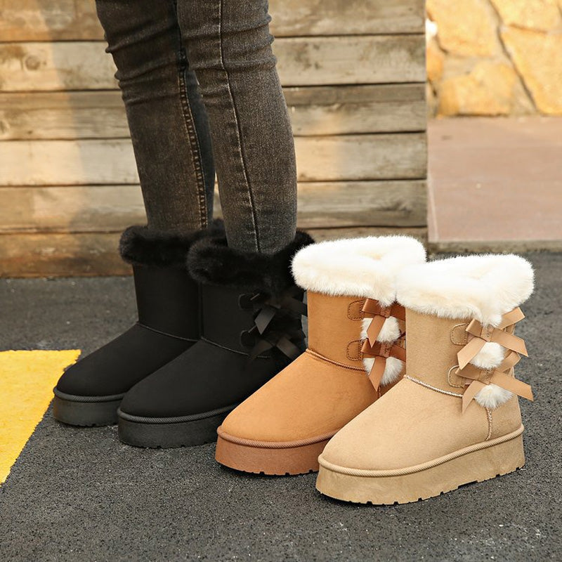 Stivali donna invernali foderati con fiocchi decorativi e suola platform
