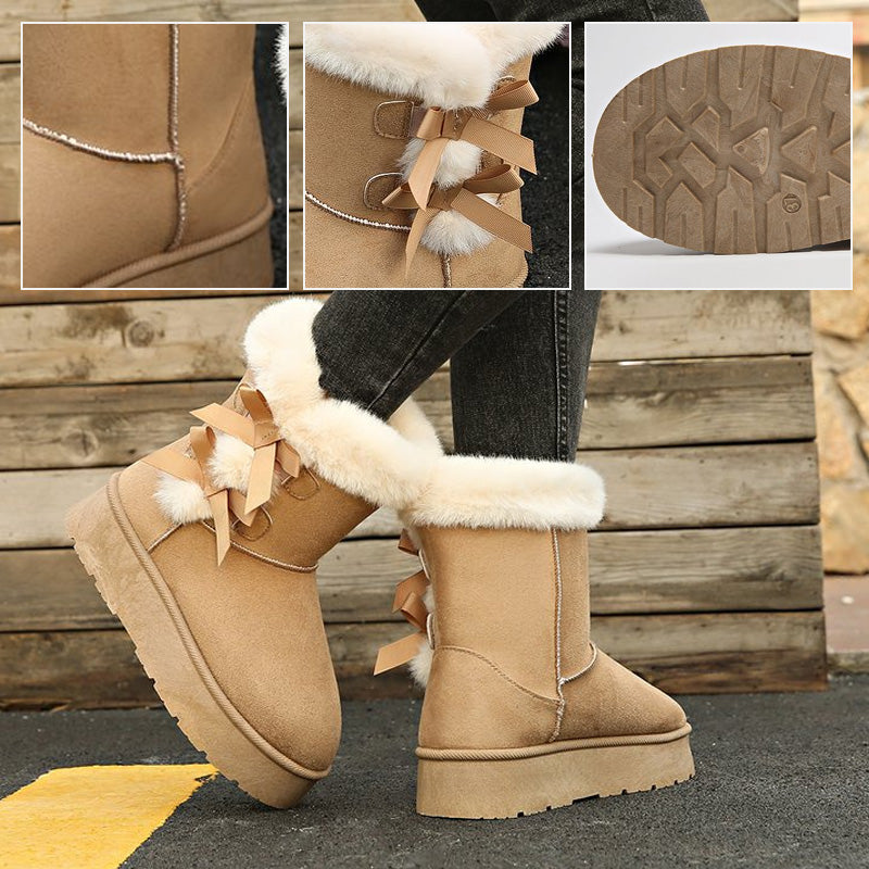 Stivali donna invernali foderati con fiocchi decorativi e suola platform