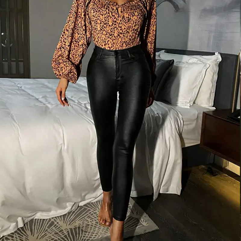 Pantaloni skinny donna vita alta effetto pelle
