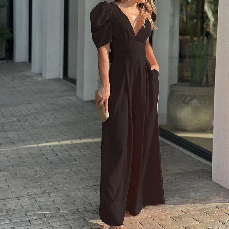 Tuta elegante da donna con scollo a V e palazzo