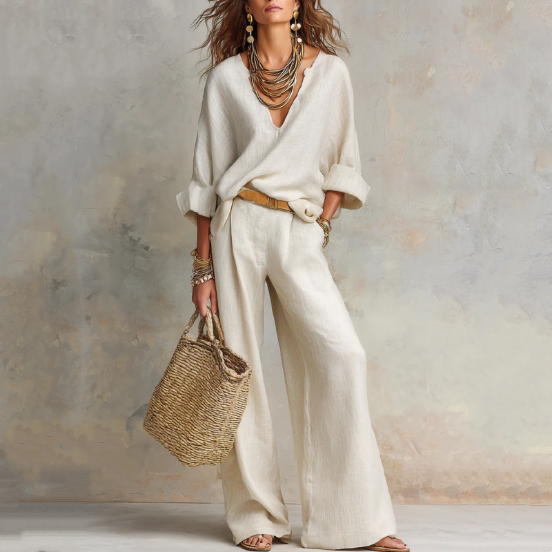 Completo donna resort effetto lino con pantaloni palazzo