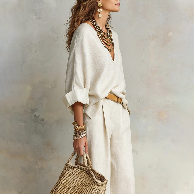 Completo donna resort effetto lino con pantaloni palazzo