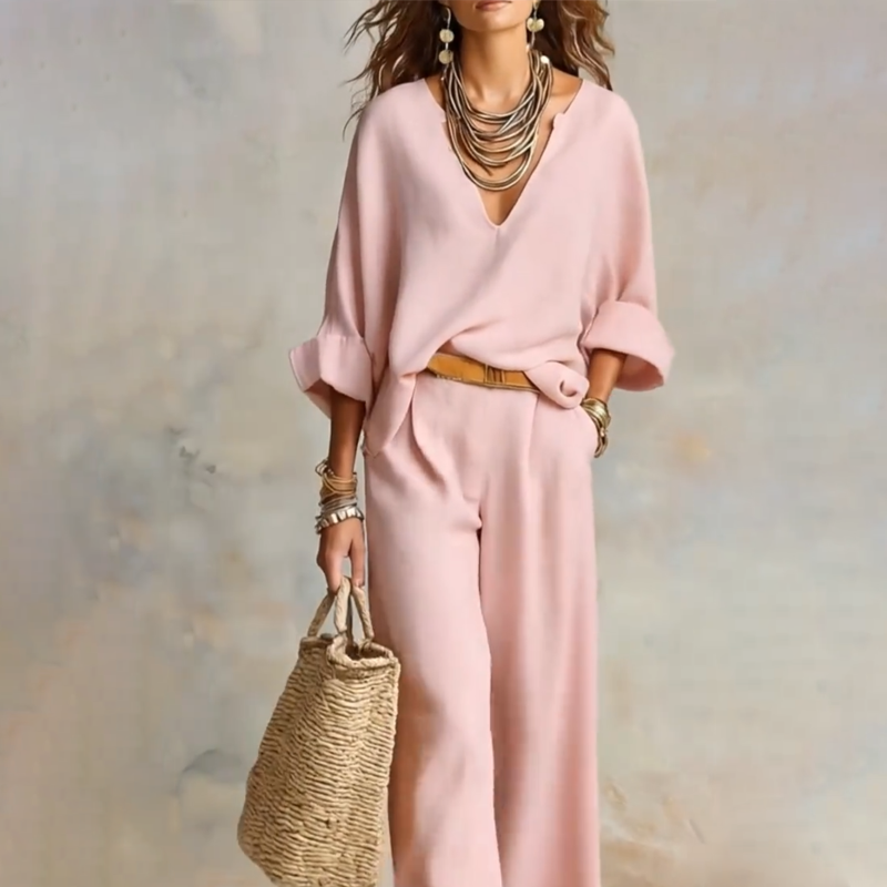 Completo donna resort effetto lino con pantaloni palazzo
