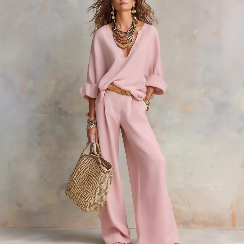 Completo donna resort effetto lino con pantaloni palazzo