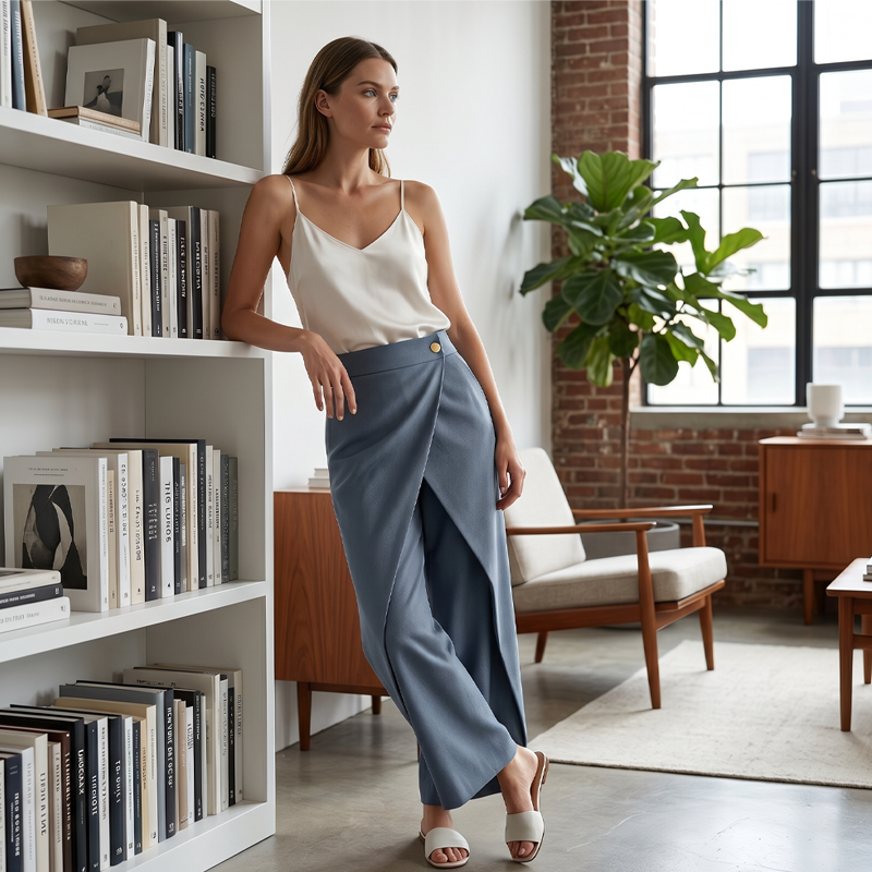 Pantaloni culotte donna effetto gonna con pannello incrociato