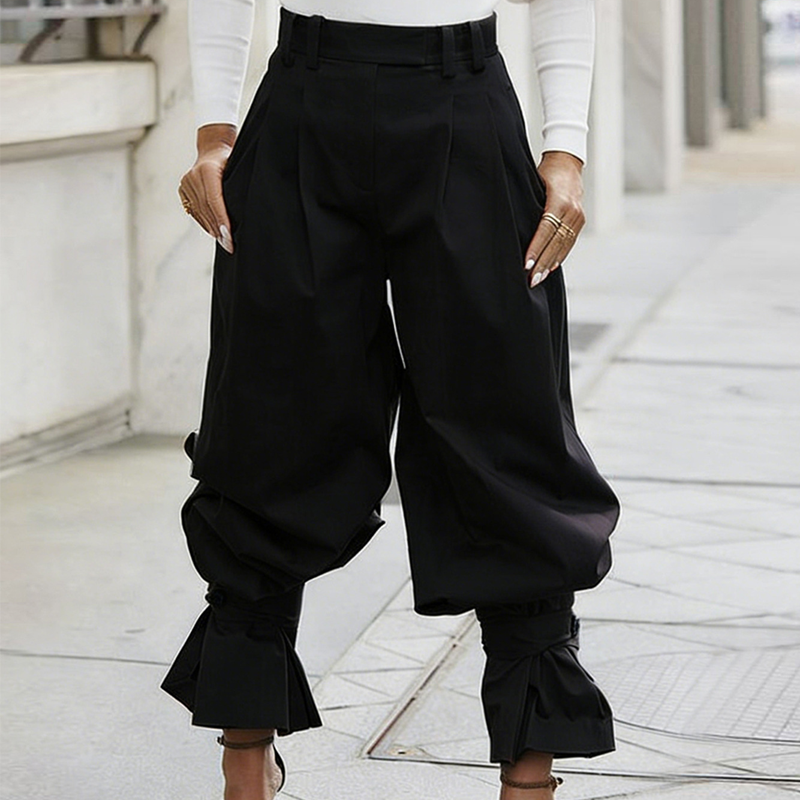 Pantaloni donna eleganti plissettati con volant alla caviglia