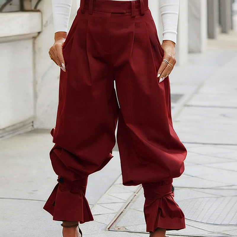 Pantaloni donna eleganti plissettati con volant alla caviglia