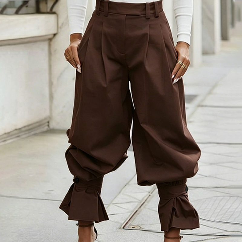 Pantaloni donna eleganti plissettati con volant alla caviglia