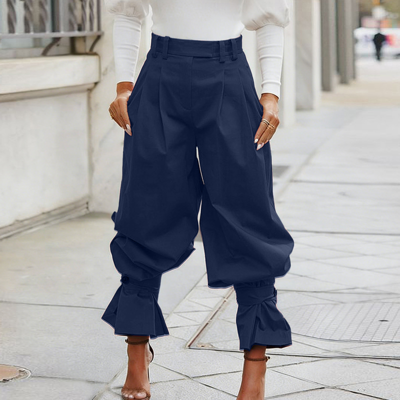 Pantaloni donna eleganti plissettati con volant alla caviglia