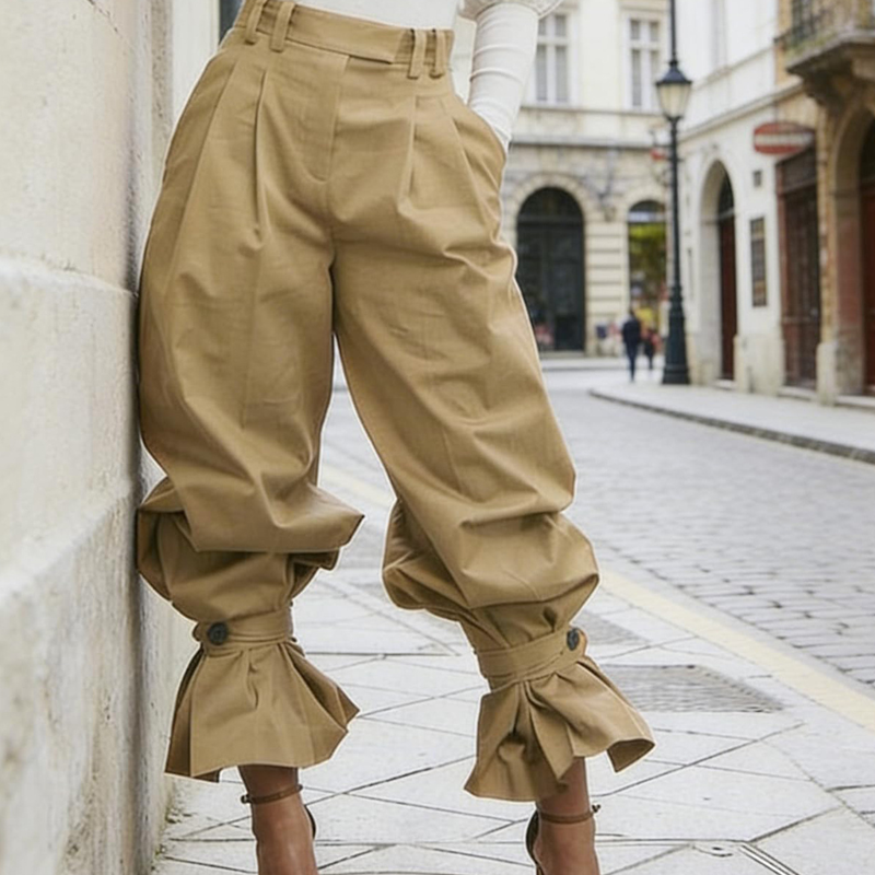 Pantaloni donna eleganti plissettati con volant alla caviglia