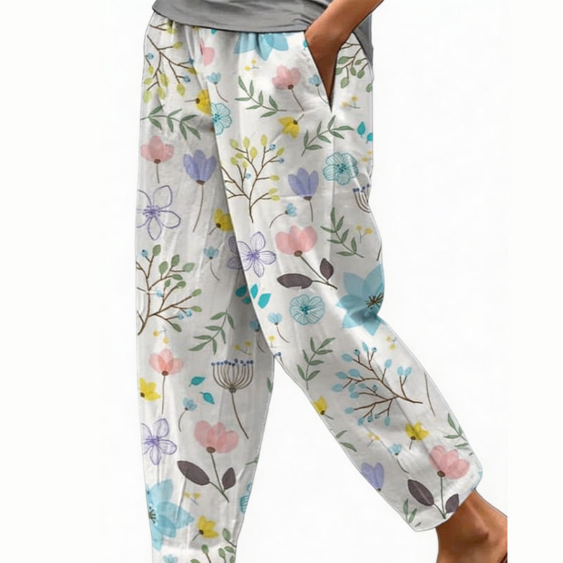 Pantaloni donna estivi floreali con vita regolabile