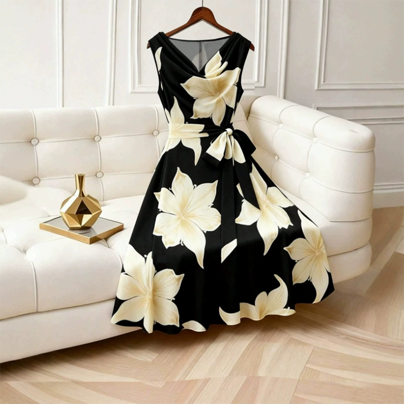 Abito donna midi floreale senza maniche con vita annodata
