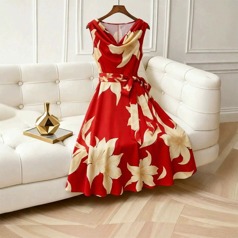 Abito donna midi floreale senza maniche con vita annodata