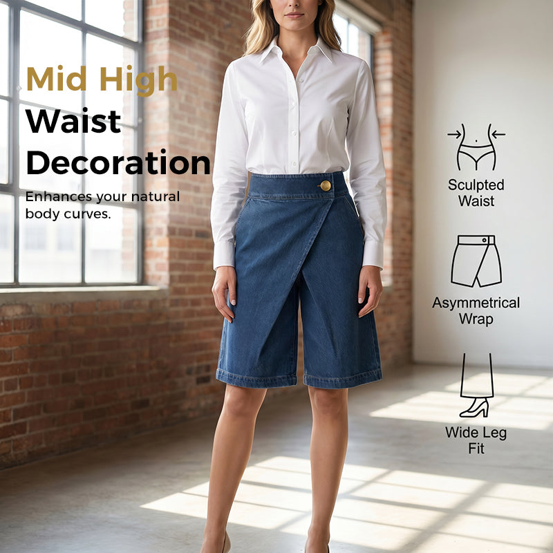 Pantaloni corti da donna effetto denim a portafoglio