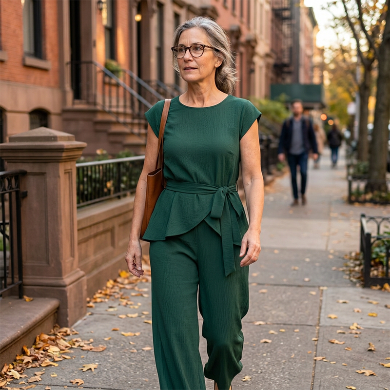 Completo da donna elegante con pantaloni a gamba larga