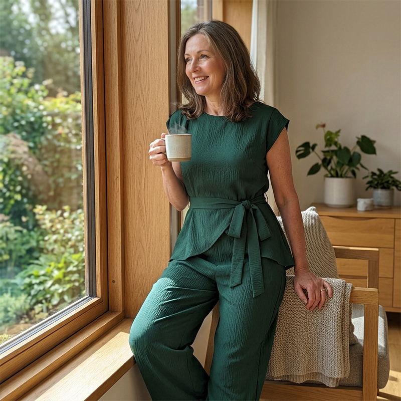 Completo da donna elegante con pantaloni a gamba larga