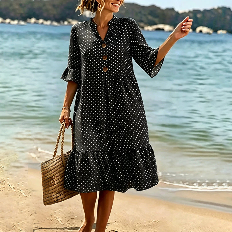 Abito midi da donna a pois con volant estivi