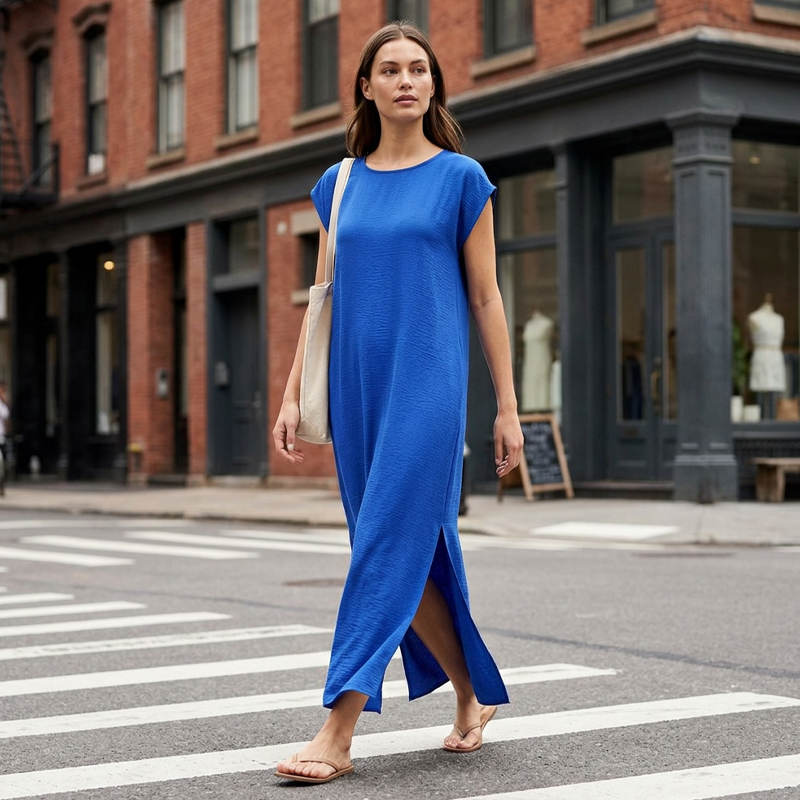 Abito midi da donna in micro-crepe con spacco laterale