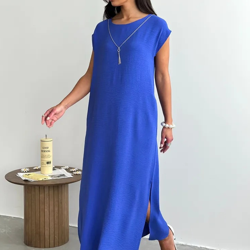 Abito midi da donna in micro-crepe con spacco laterale