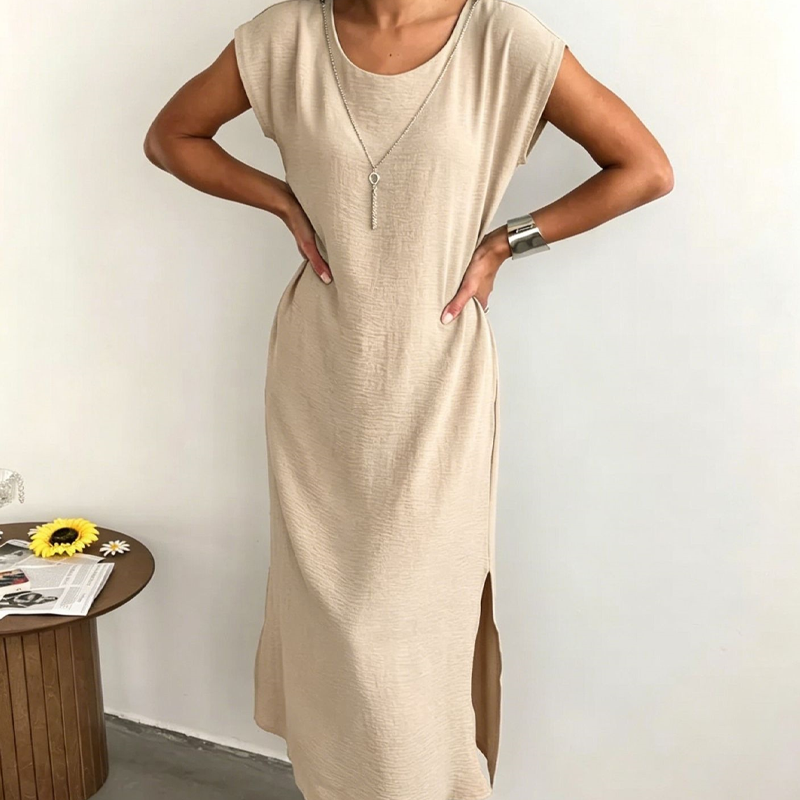 Abito midi da donna in micro-crepe con spacco laterale