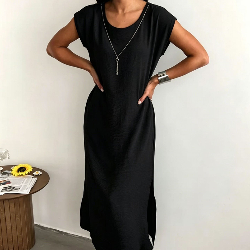 Abito midi da donna in micro-crepe con spacco laterale