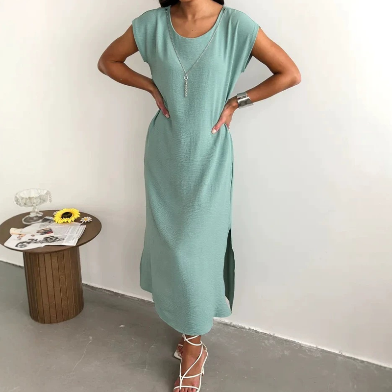 Abito midi da donna in micro-crepe con spacco laterale