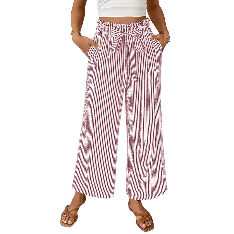 Pantaloni da donna a gamba larga con vita paperbag