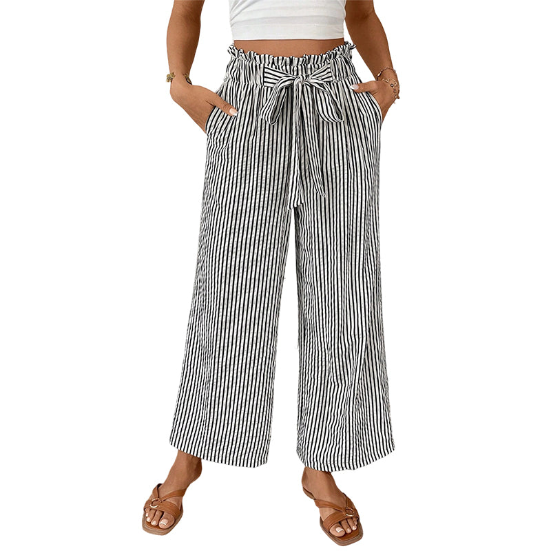 Pantaloni da donna a gamba larga con vita paperbag