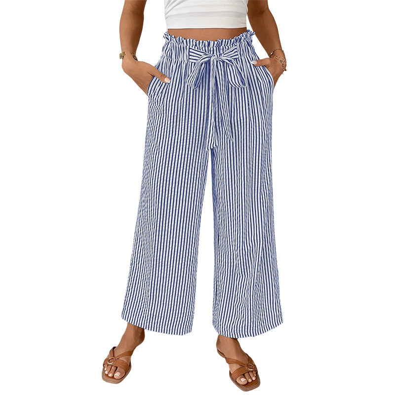Pantaloni da donna a gamba larga con vita paperbag