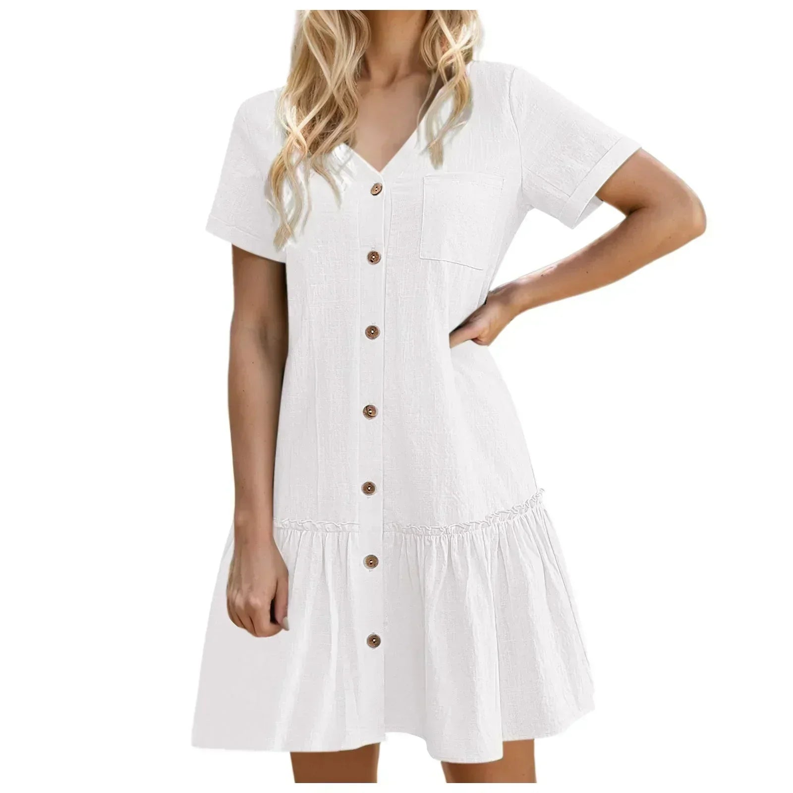 Abito corto donna in cotone lino con bottoni