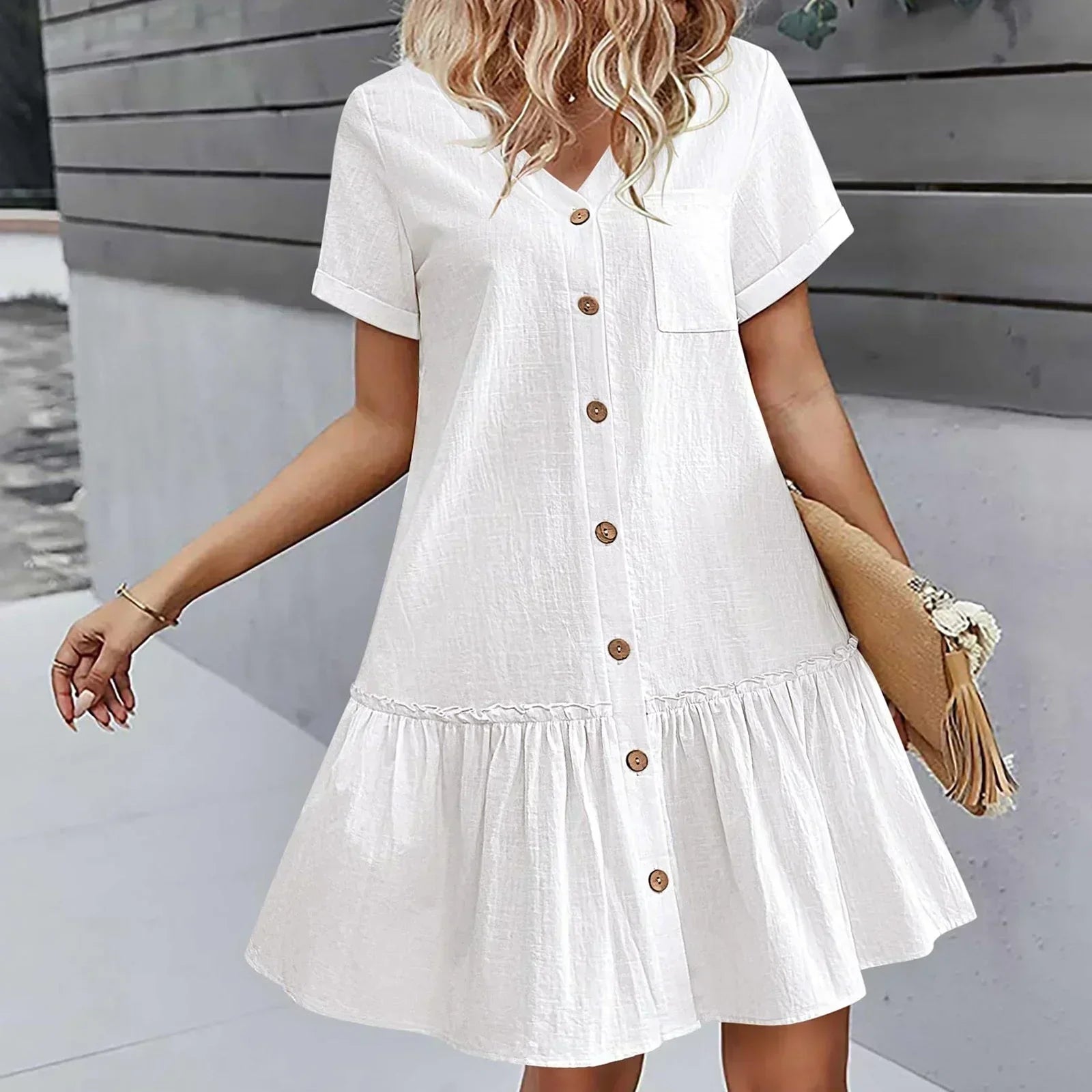 Abito corto donna in cotone lino con bottoni