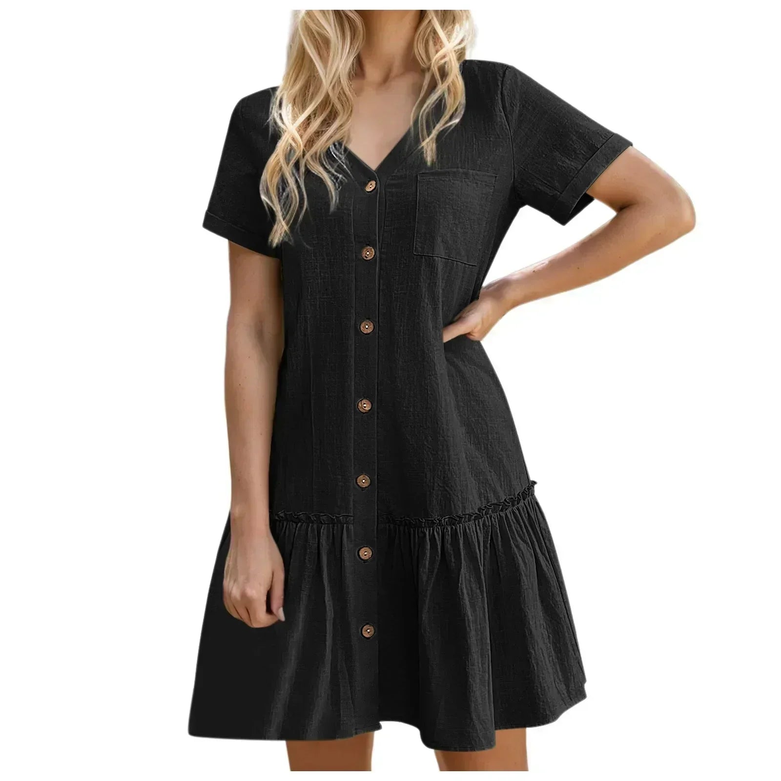 Abito corto donna in cotone lino con bottoni