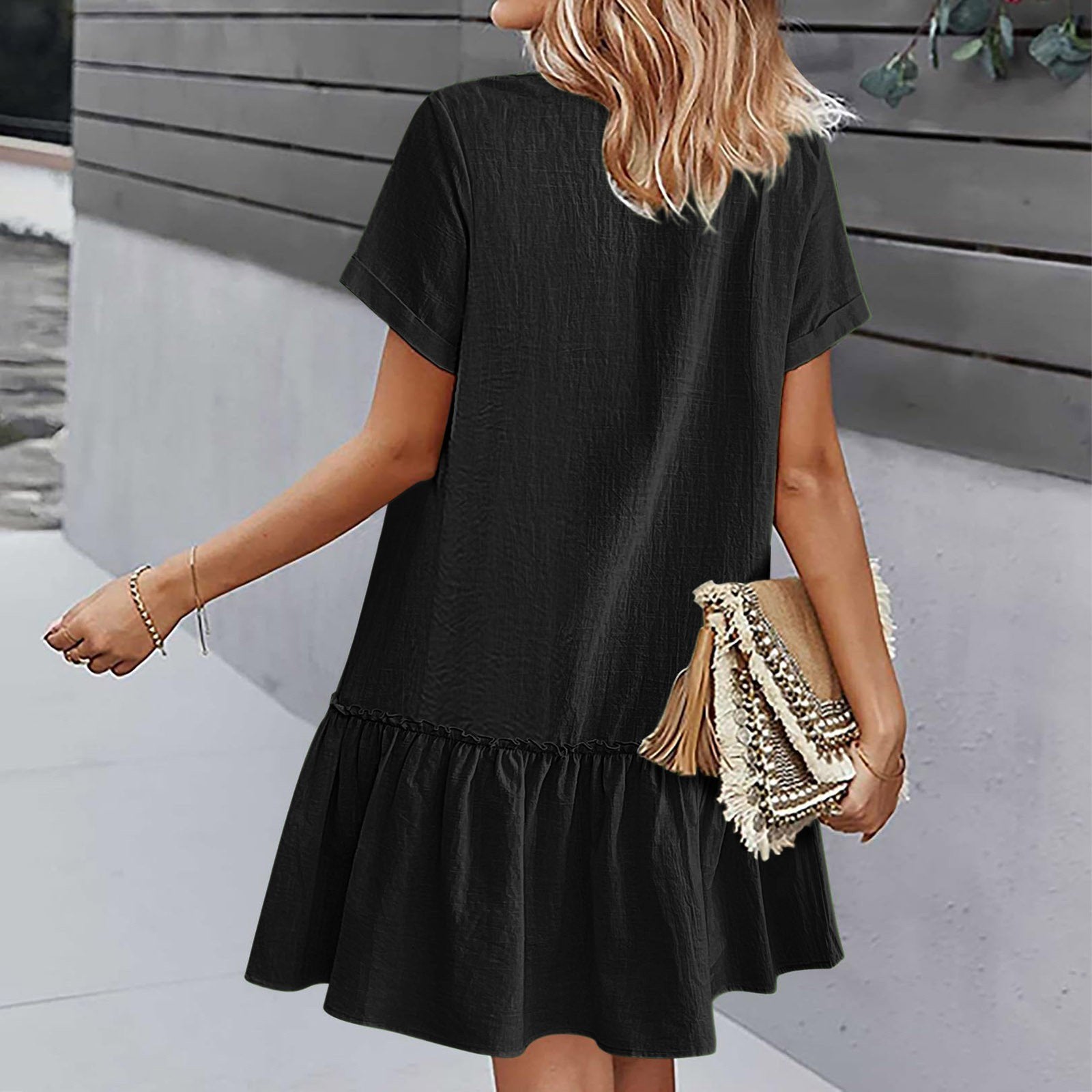 Abito corto donna in cotone lino con bottoni