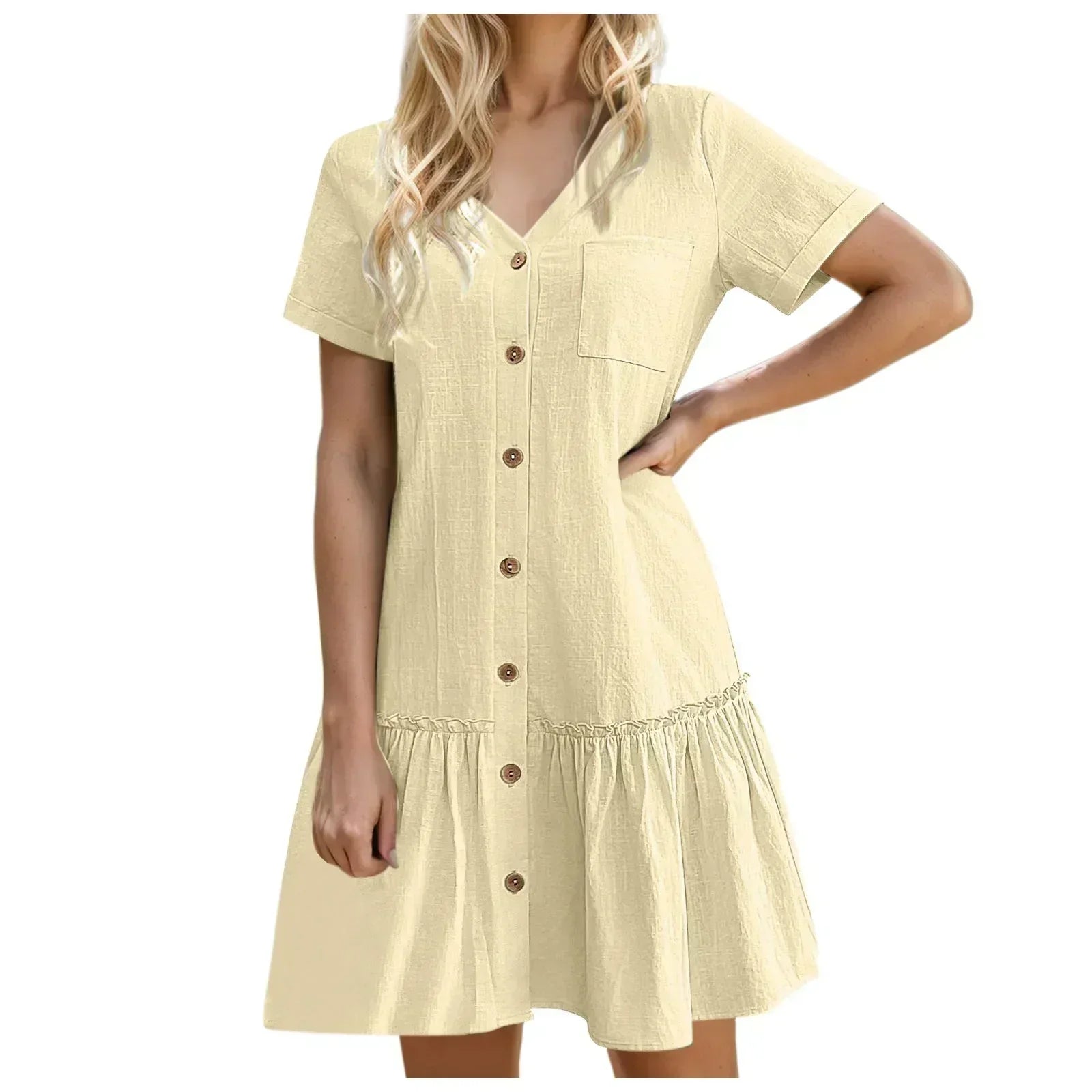 Abito corto donna in cotone lino con bottoni