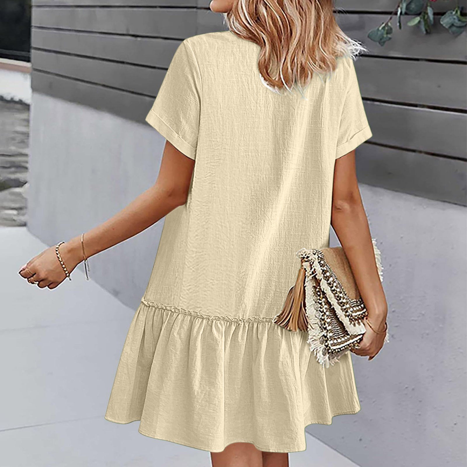 Abito corto donna in cotone lino con bottoni