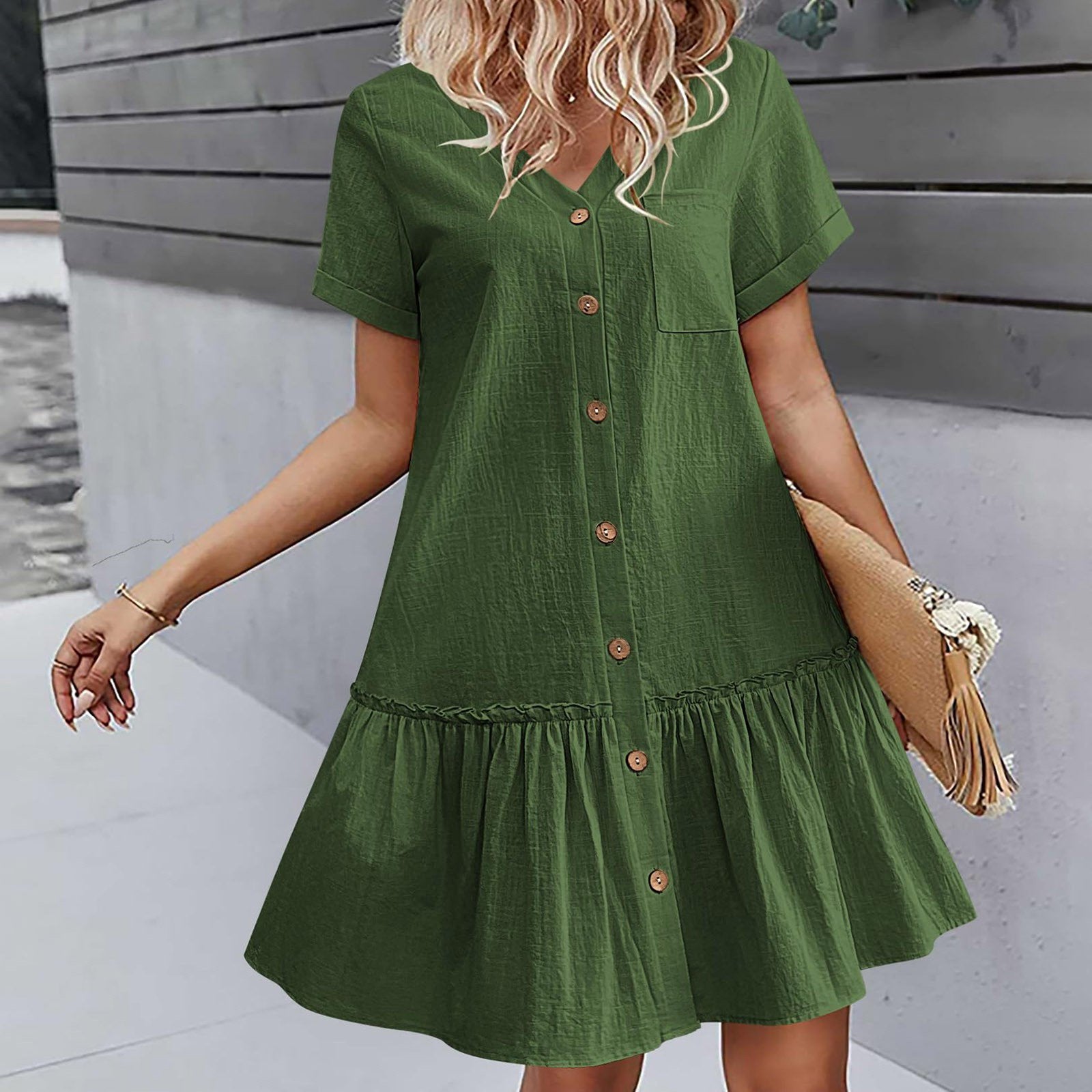 Abito corto donna in cotone lino con bottoni