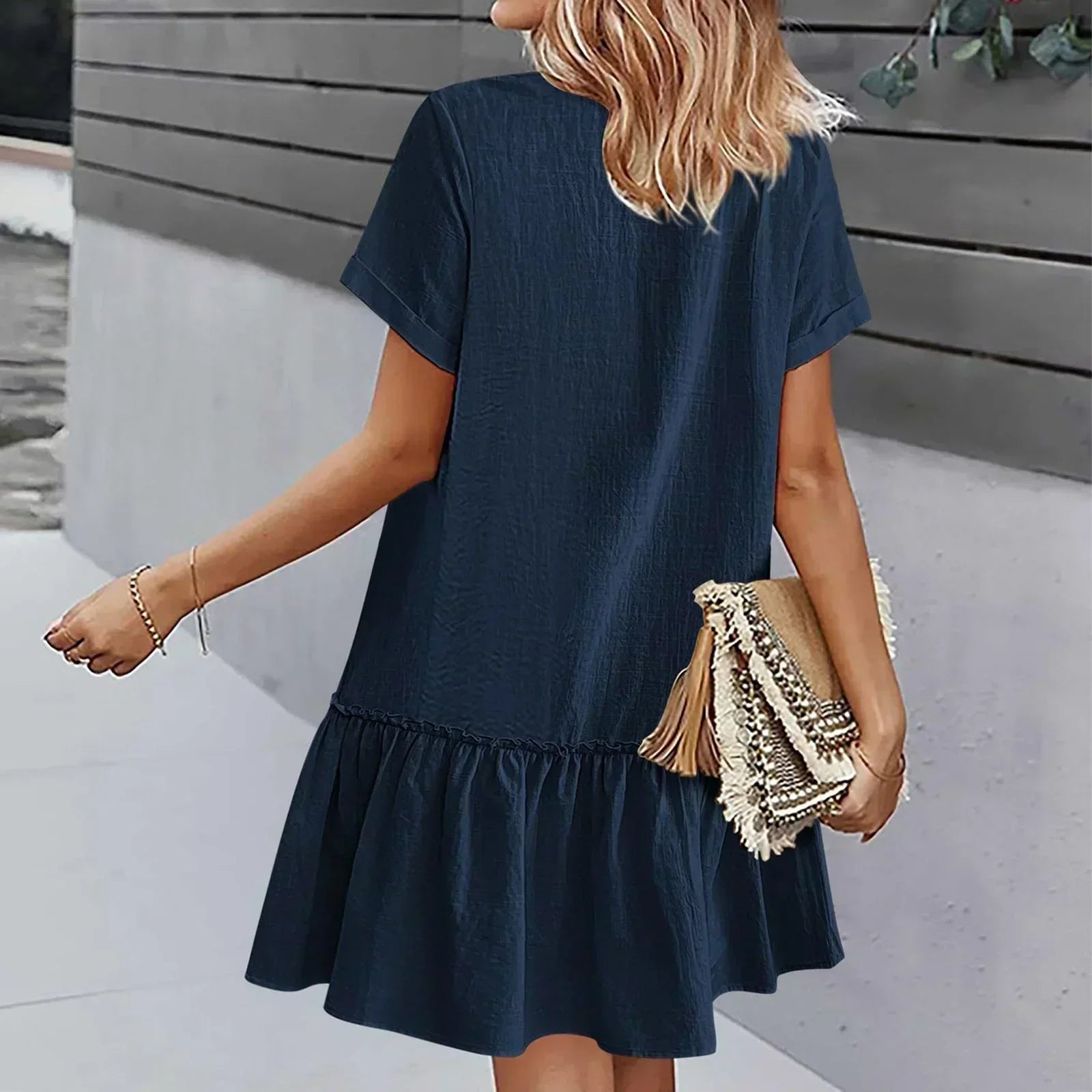 Abito corto donna in cotone lino con bottoni