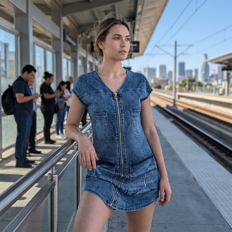 Abito corto donna con zip frontale e tasche utility