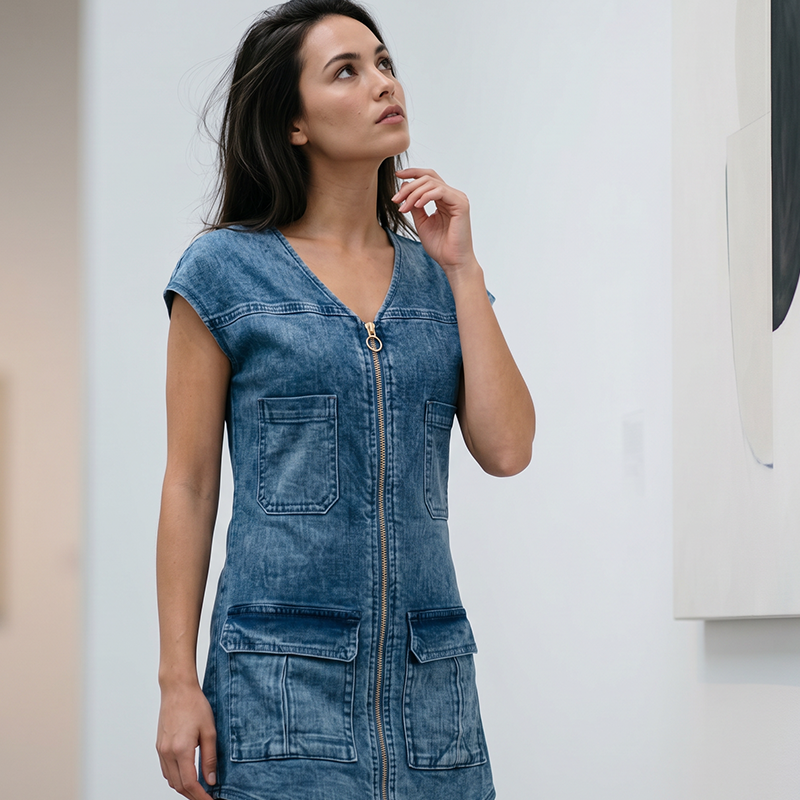 Abito corto donna con zip frontale e tasche utility