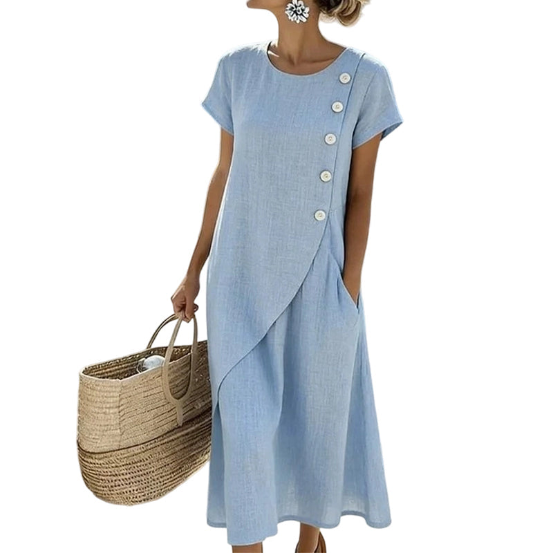 Abito midi donna in cotone lino con bottoni asimmetrici