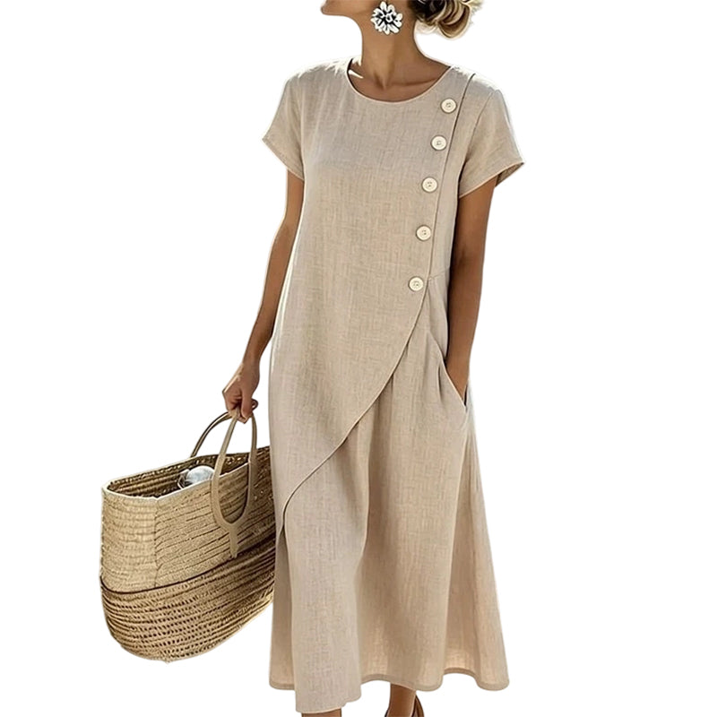 Abito midi donna in cotone lino con bottoni asimmetrici