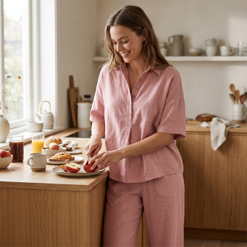 Completo donna fluido con blusa bottonata e pantaloni larghi