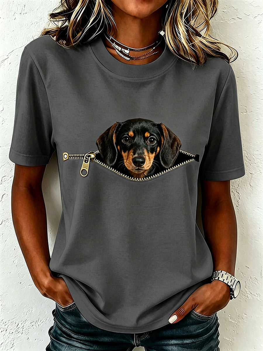 T-shirt donna in puro cotone con stampa bassotto