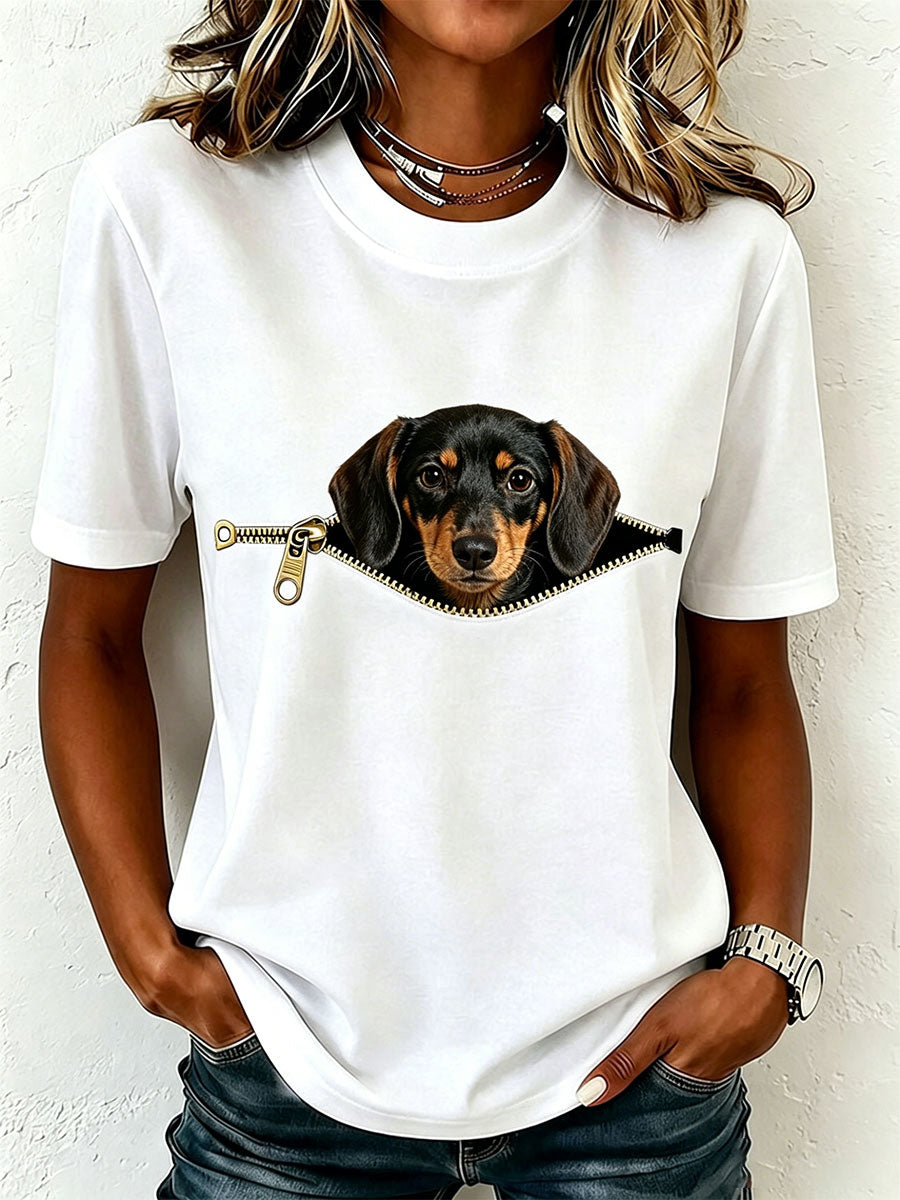 T-shirt donna in puro cotone con stampa bassotto