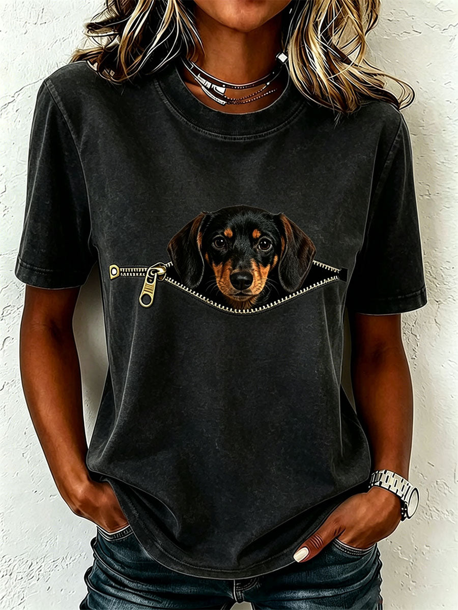 T-shirt donna in puro cotone con stampa bassotto