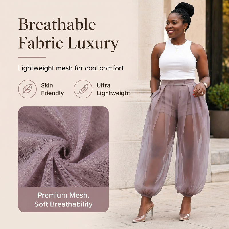 Pantaloni donna in rete trasparente con short integrato