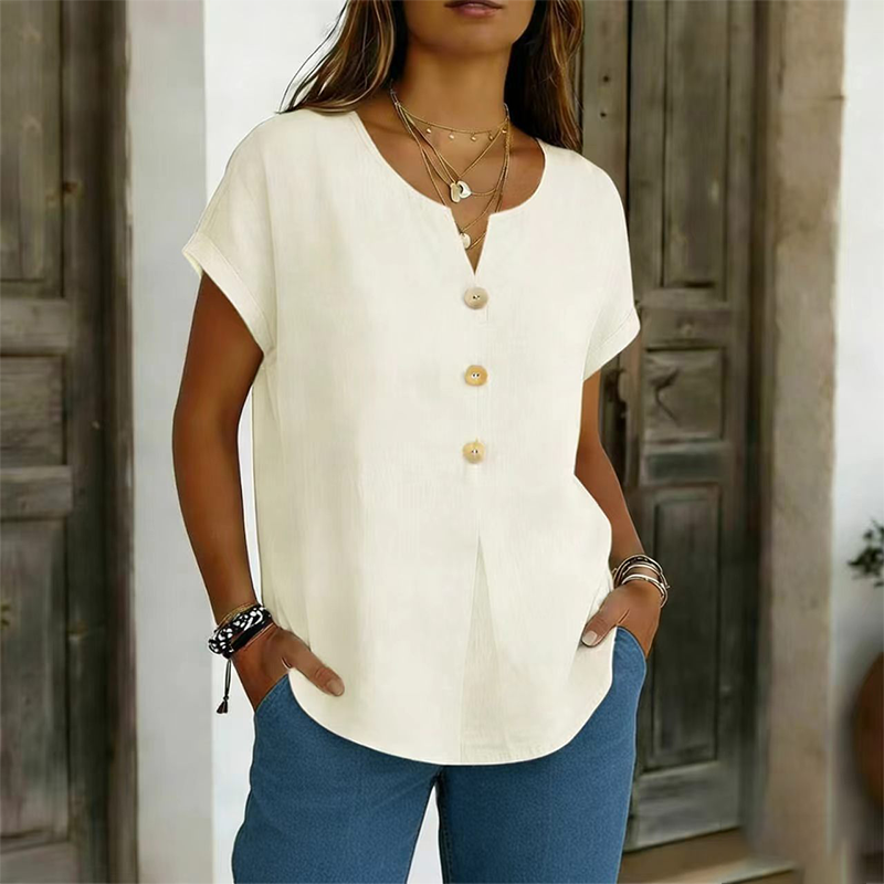 T-shirt donna con scollo a V e bottoni decorativi